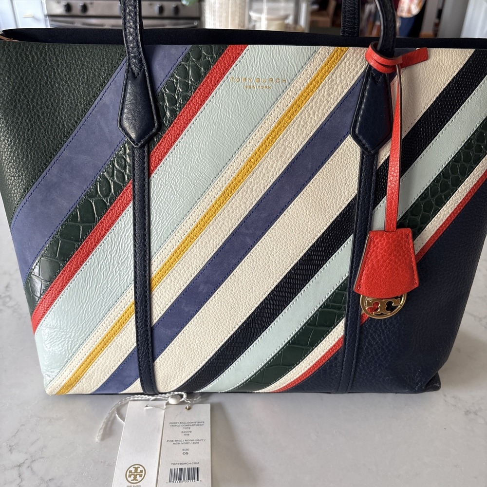 Tory Burch Perry Balloon Stripe Triple Compartment Tote Striped Multicolored